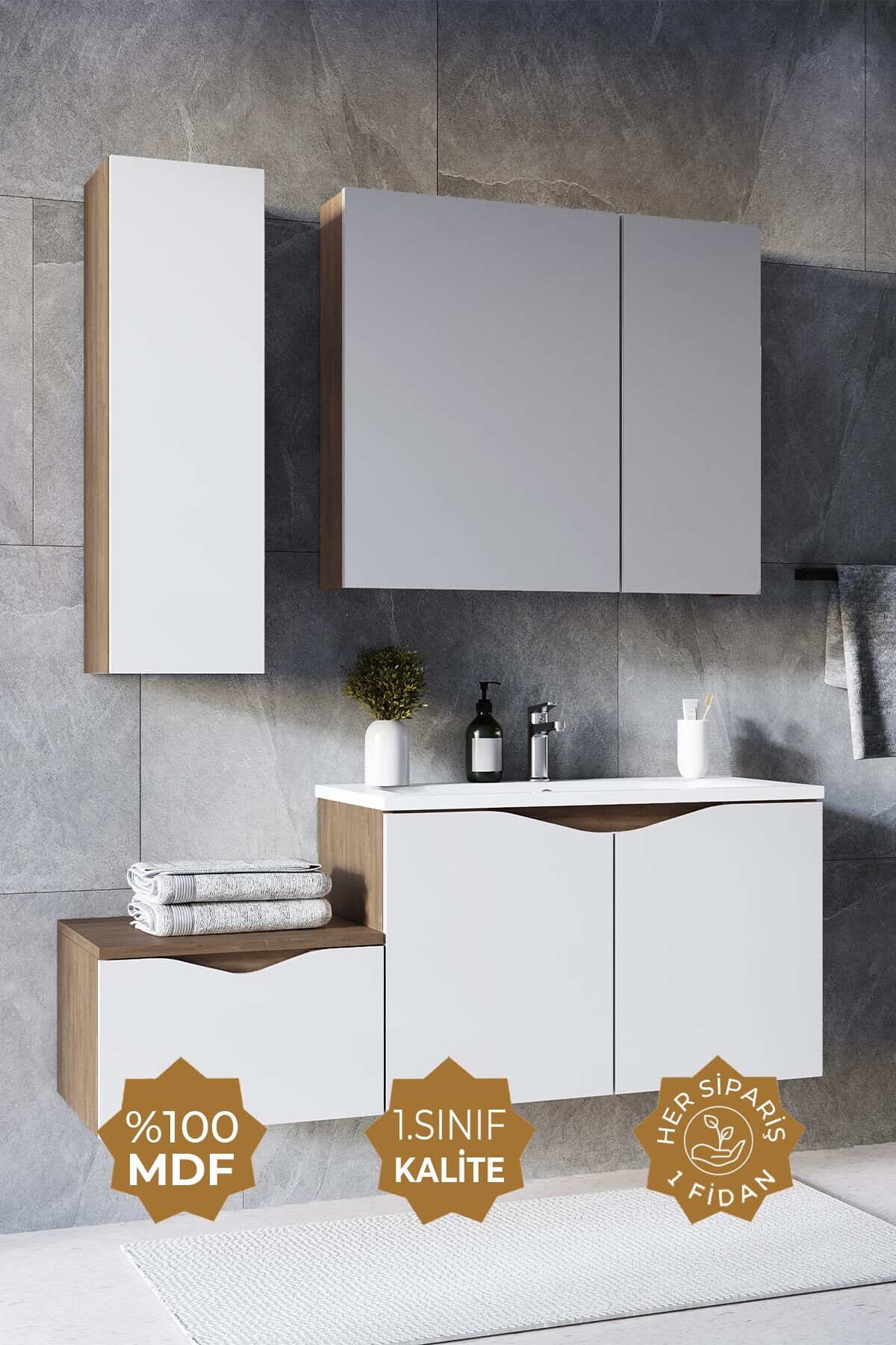 Teta Home Manila 100 cm MDF Banyo Seti + Boy Dolap Kafkas Meşe-Beyaz