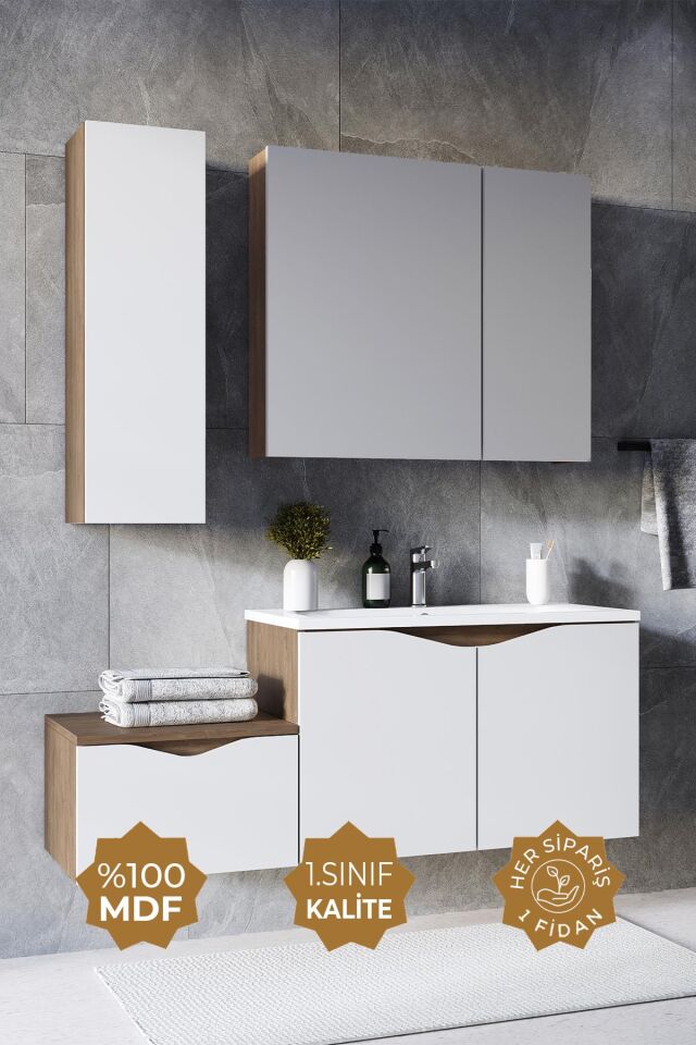 Teta Home Manila 100 cm MDF Banyo Seti + Boy Dolap Kafkas Meşe-Beyaz