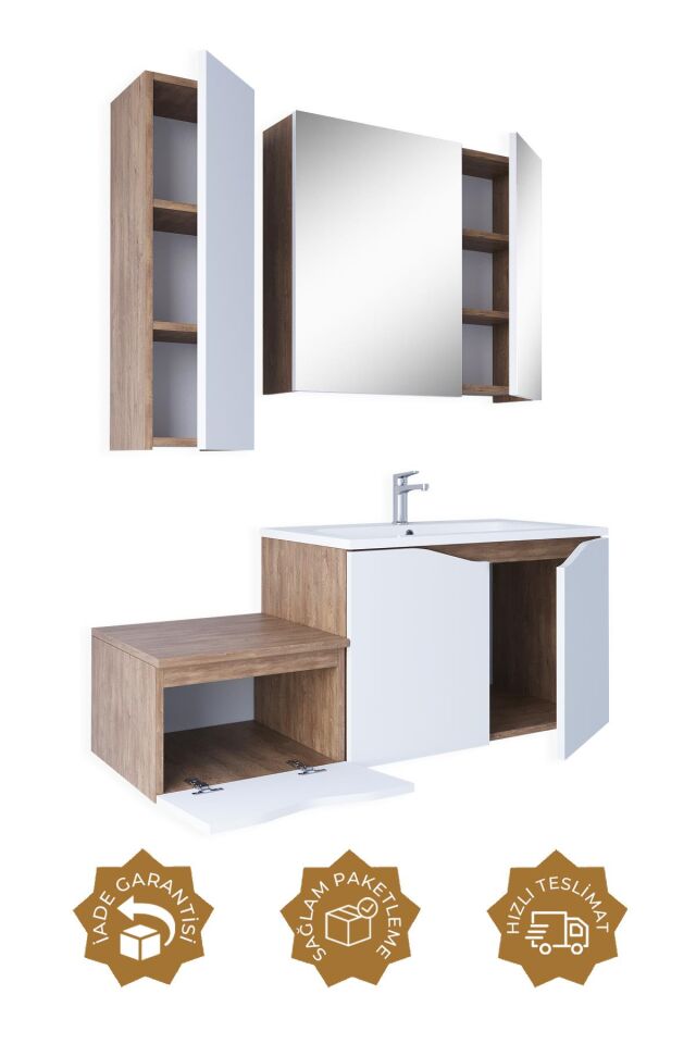Teta Home Manila 100 cm MDF Banyo Seti + Boy Dolap Kafkas Meşe-Beyaz