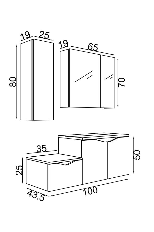 Teta Home Manila 100 cm MDF Banyo Seti + Boy Dolap Kafkas Meşe-Beyaz