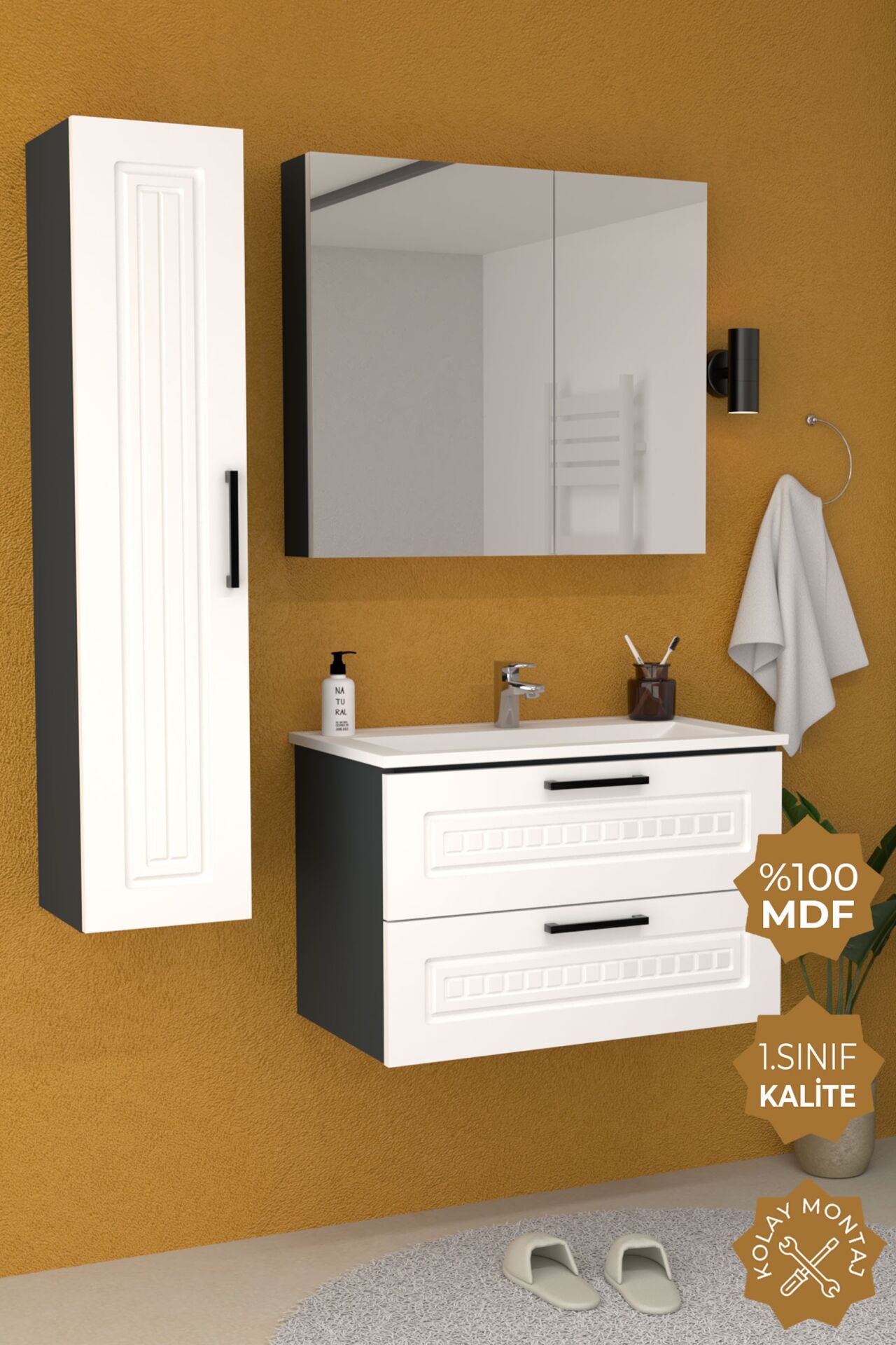Teta Home Floransa 65 cm MDF Gövde Membran Kapak Banyo Dolabı Seti + Boy Dolabı Antrasit-Beyaz