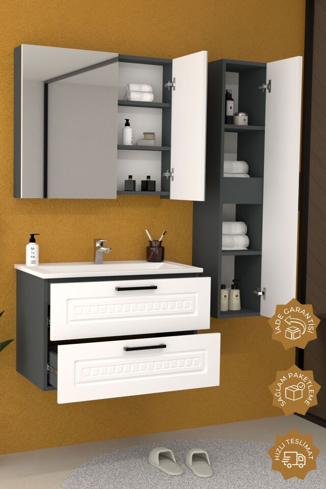 Teta Home Floransa 80 cm MDF Gövde Membran Kapak Banyo Dolabı Seti + Boy Dolabı Antrasit-Beyaz