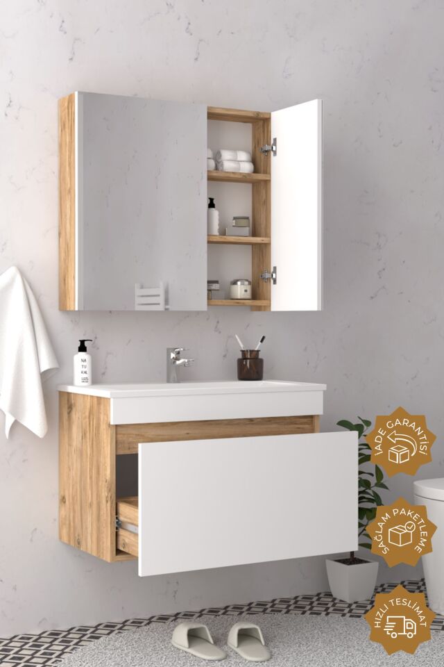 Teta Home Mersin 80 cm MDF Banyo Dolabı Seti Atlantik Çam-Beyaz
