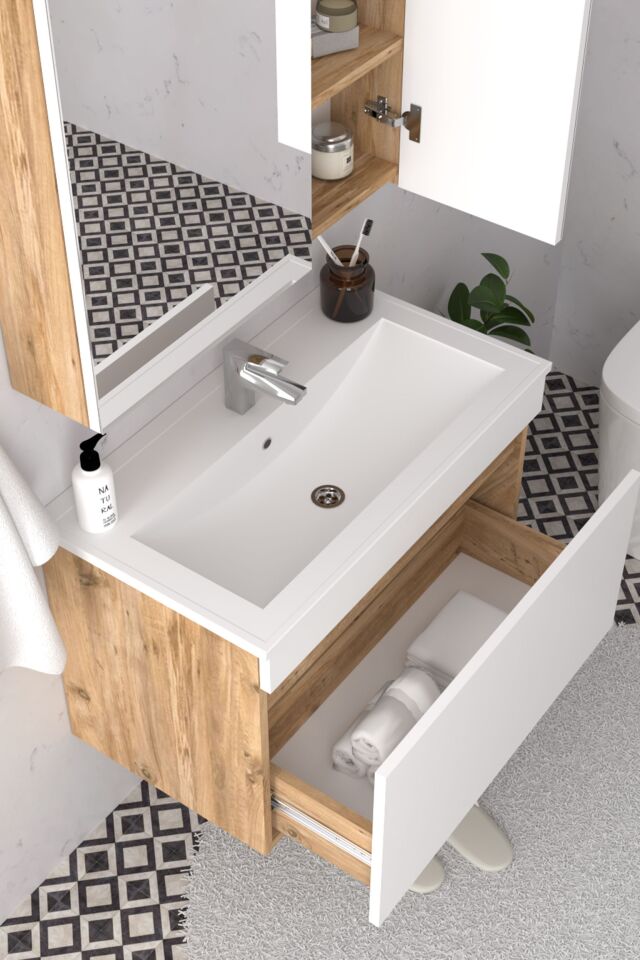 Teta Home Mersin 80 cm MDF Banyo Dolabı Seti Atlantik Çam-Beyaz