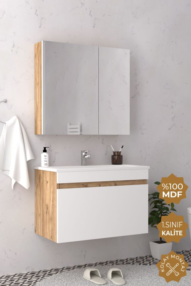 Teta Home Mersin 80 cm MDF Banyo Dolabı Seti Atlantik Çam-Beyaz