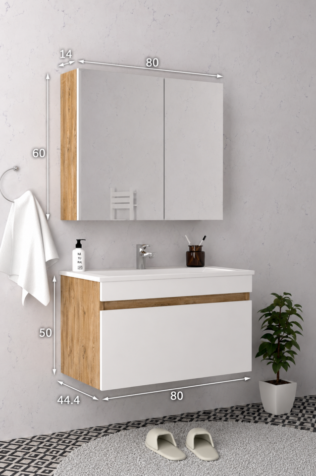 Teta Home Mersin 80 cm MDF Banyo Dolabı Seti Atlantik Çam-Beyaz