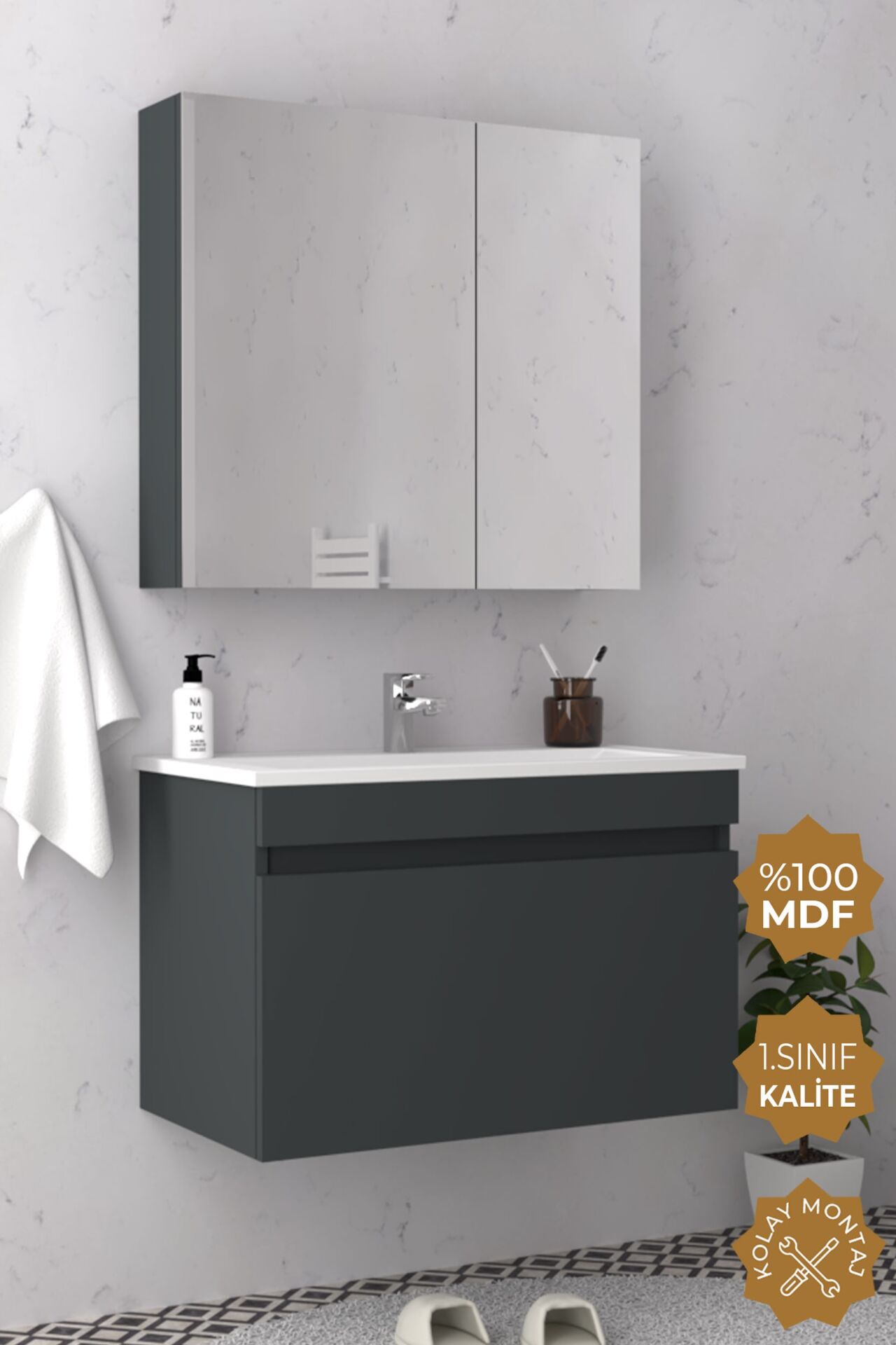 Teta Home Mersin 65 cm MDF Banyo Dolabı Seti Antrasit