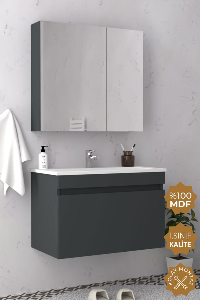 Teta Home Mersin 65 cm MDF Banyo Dolabı Seti Antrasit