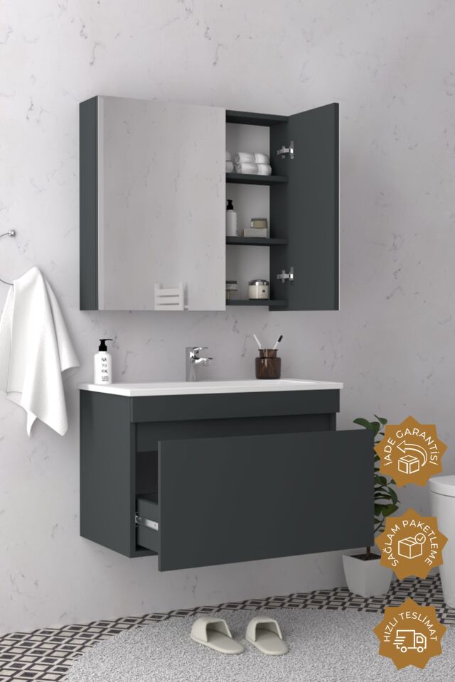 Teta Home Mersin 65 cm MDF Banyo Dolabı Seti Antrasit