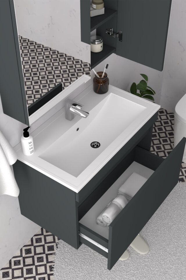Teta Home Mersin 65 cm MDF Banyo Dolabı Seti Antrasit