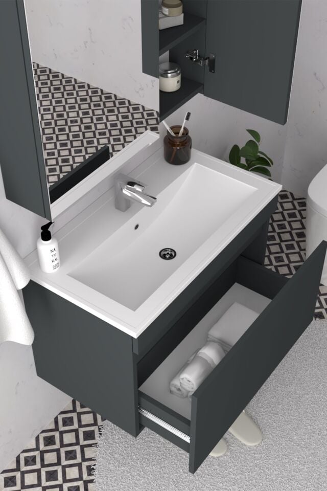 Teta Home Mersin 65 cm MDF Banyo Dolabı Seti Antrasit