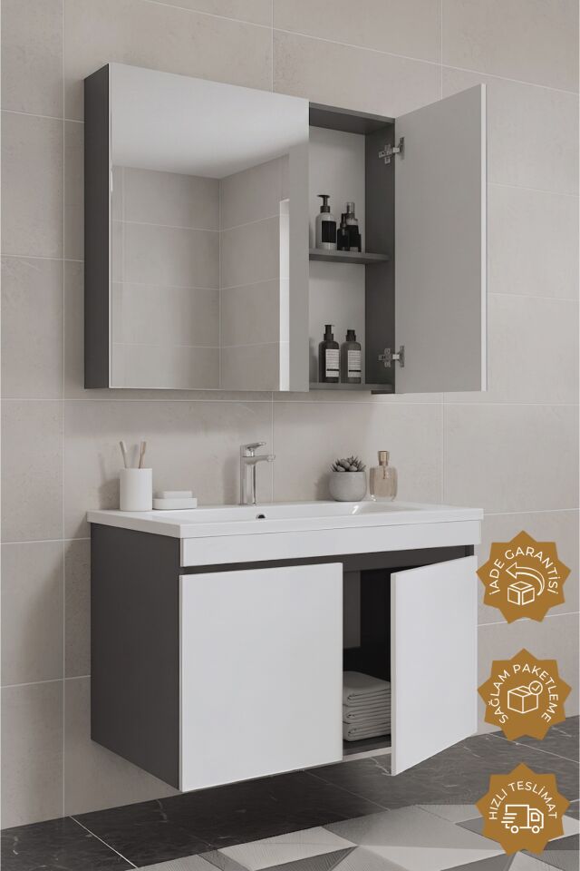 Teta Home Tokyo 65 cm MDF Banyo Dolabı Seti Antrasit-Beyaz