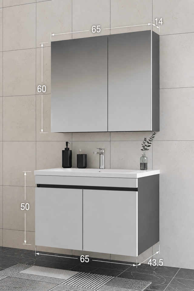 Teta Home Tokyo 65 cm MDF Banyo Dolabı Seti Antrasit-Beyaz
