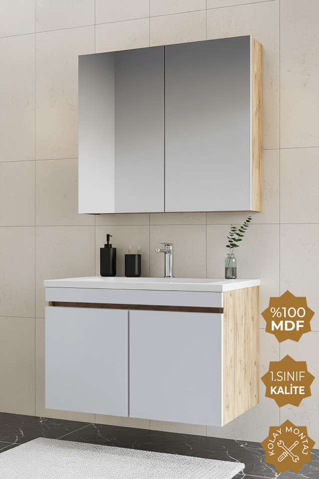 Teta Home Tokyo 65 cm MDF Banyo Dolabı Seti Atlantik Çam-Beyaz
