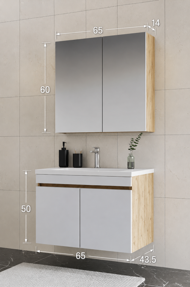 Teta Home Tokyo 65 cm MDF Banyo Dolabı Seti Atlantik Çam-Beyaz