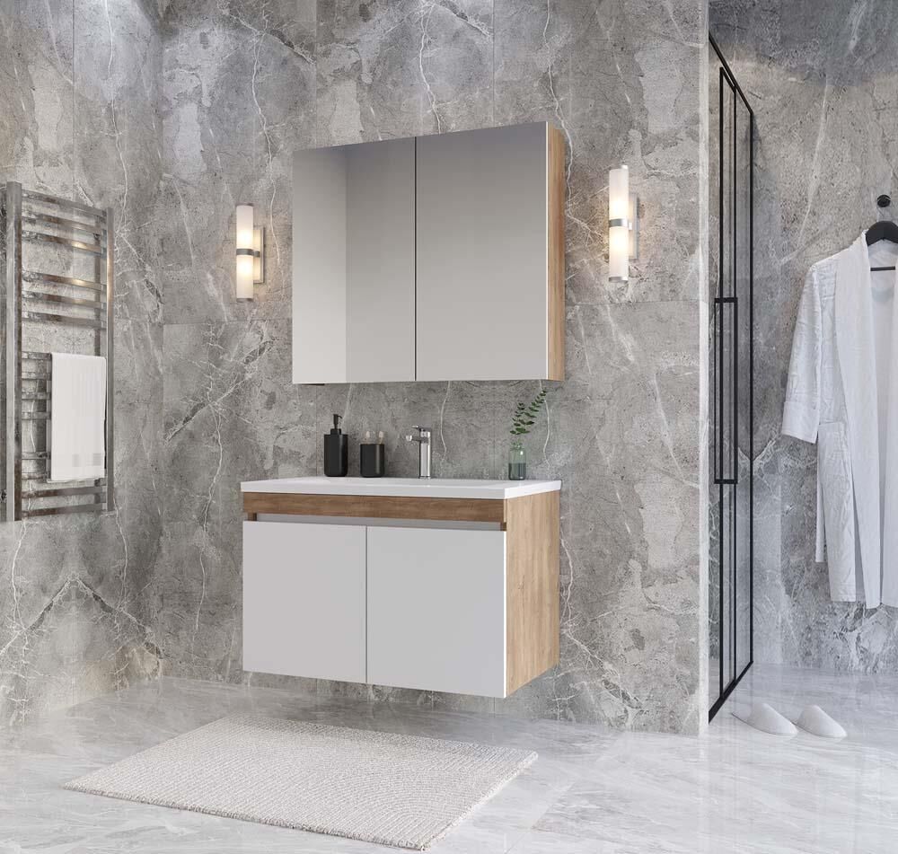 Teta Home Tokyo 65 cm MDF Banyo Dolabı Seti Kafkas Meşe-Beyaz
