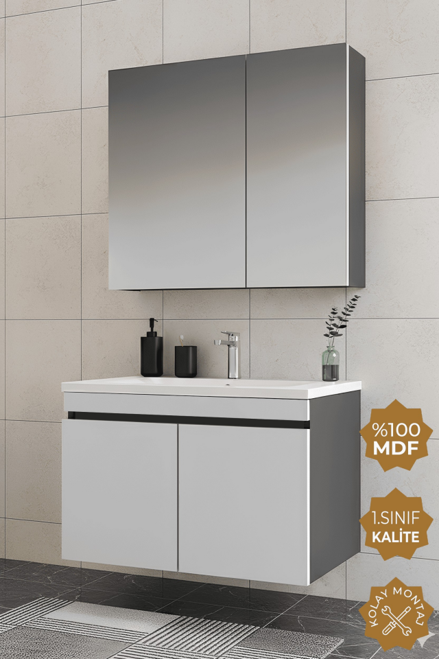 Teta Home Tokyo 80 cm MDF Banyo Dolabı Seti Antrasit-Beyaz