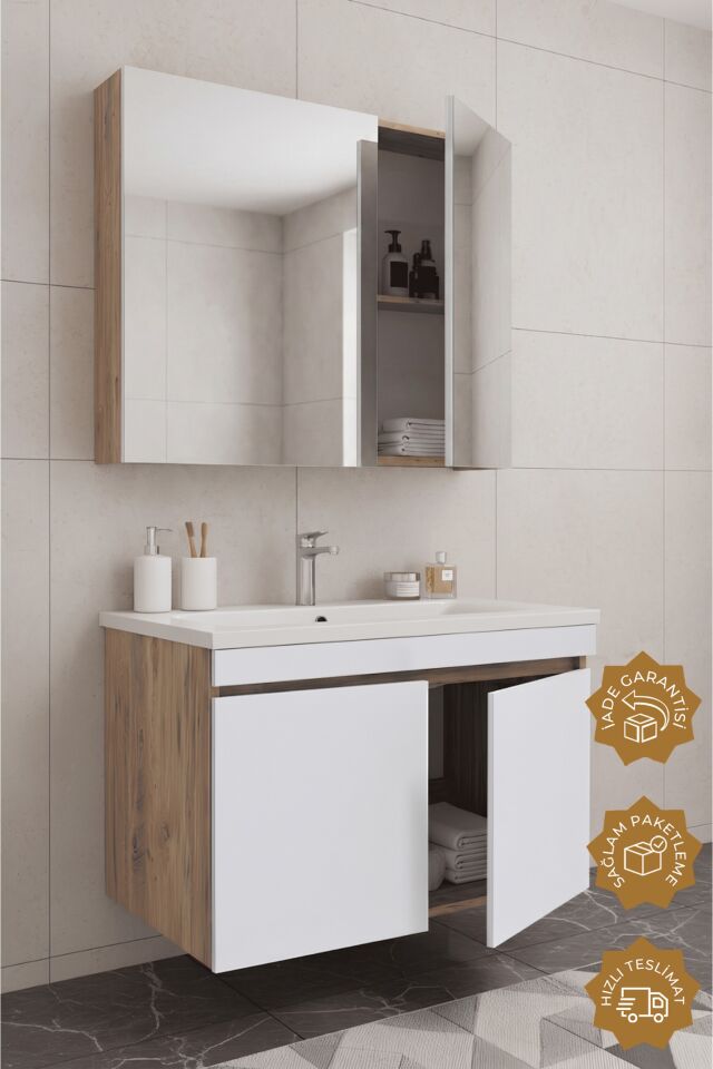 Teta Home Tokyo 80 cm MDF Banyo Dolabı Seti Atlantik Çam-Beyaz
