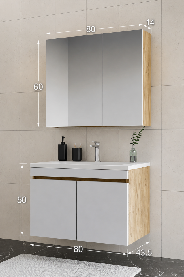 Teta Home Tokyo 80 cm MDF Banyo Dolabı Seti Atlantik Çam-Beyaz
