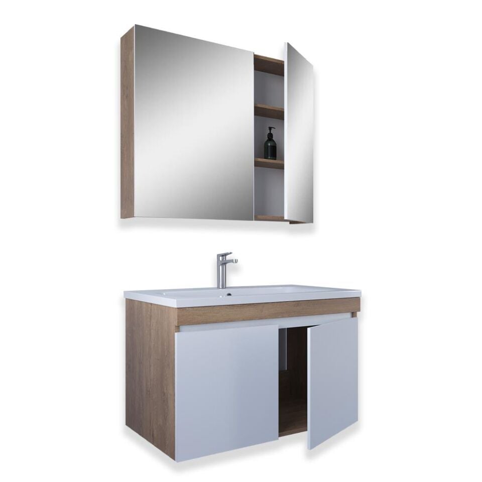 Teta Home Tokyo 80 cm MDF Banyo Dolabı Seti Kafkas Meşe-Beyaz
