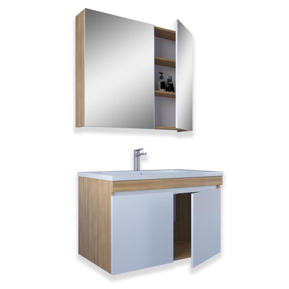 Teta Home Tokyo 80 cm MDF Banyo Dolabı Seti Teak-Beyaz