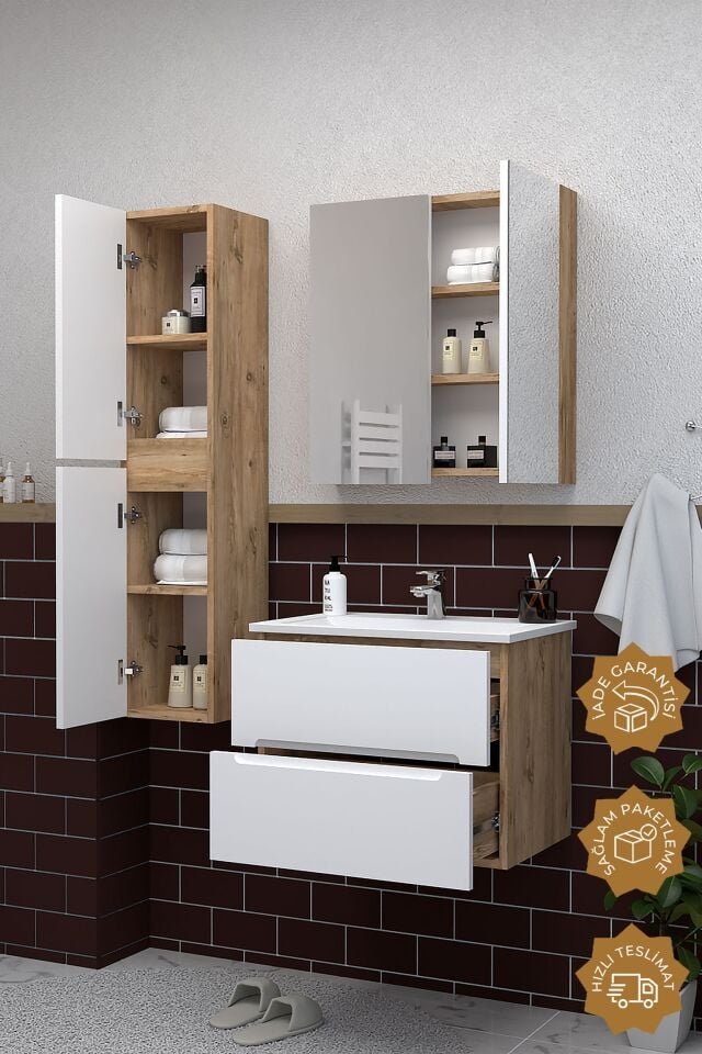 Teta Home Kopenhag 65 cm MDF Gövde Membran Kapak Banyo Dolabı Seti + Boy Dolabı