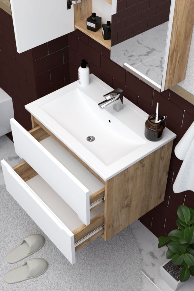 Teta Home Kopenhag 65 cm MDF Gövde Membran Kapak Banyo Dolabı Seti + Boy Dolabı