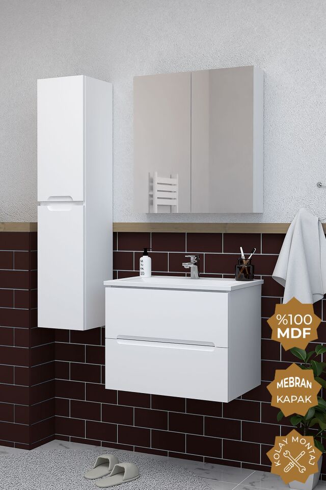 Teta Home Kopenhag 65 cm MDF Gövde Membran Kapak Banyo Dolabı Seti + Boy Dolabı Beyaz