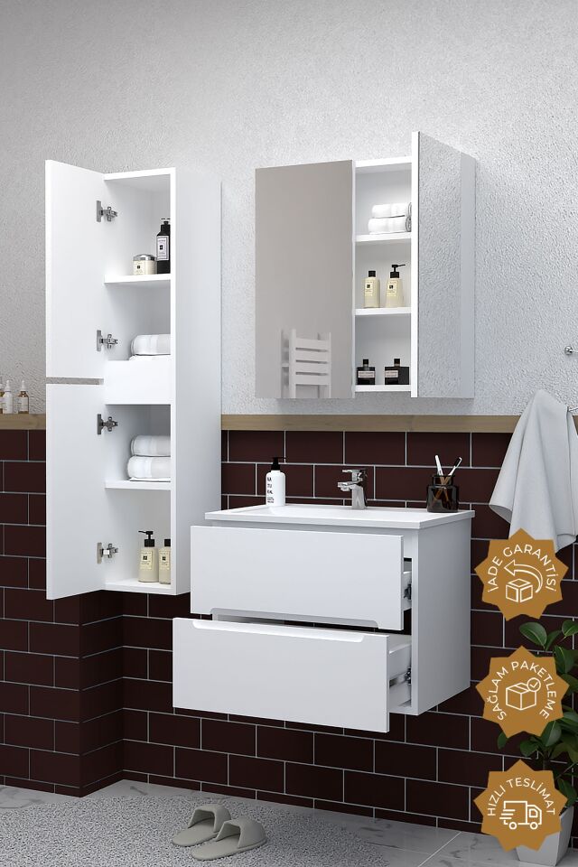 Teta Home Kopenhag 65 cm MDF Gövde Membran Kapak Banyo Dolabı Seti + Boy Dolabı Beyaz