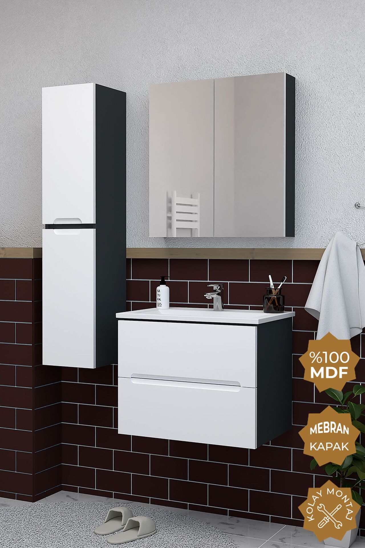Teta Home Kopenhag 65 cm MDF Gövde Membran Kapak Banyo Dolabı Seti + Boy Dolabı Antrasit-Beyaz