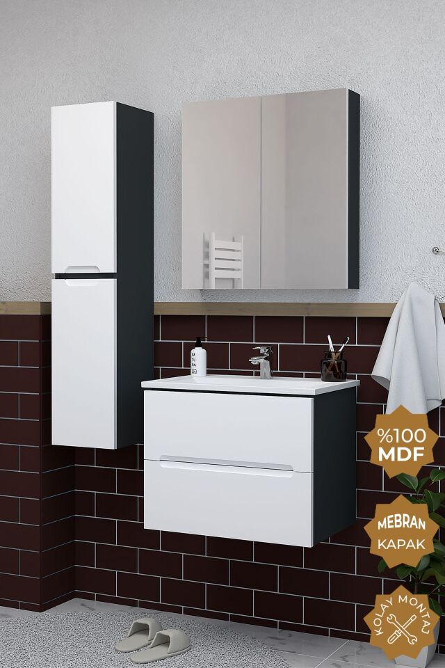 Teta Home Kopenhag 65 cm MDF Gövde Membran Kapak Banyo Dolabı Seti + Boy Dolabı Antrasit-Beyaz