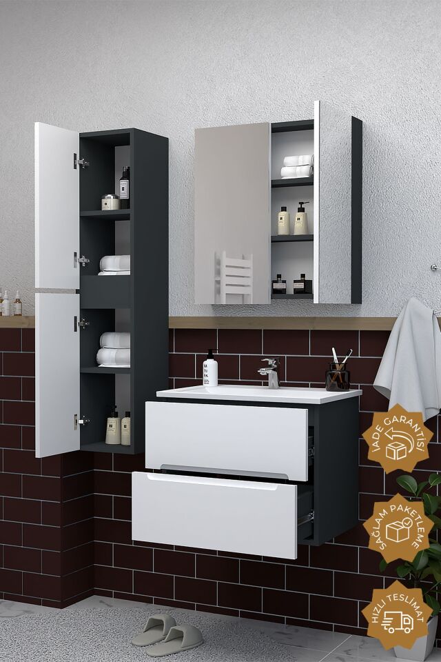 Teta Home Kopenhag 65 cm MDF Gövde Membran Kapak Banyo Dolabı Seti + Boy Dolabı Antrasit-Beyaz