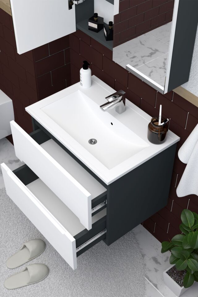 Teta Home Kopenhag 65 cm MDF Gövde Membran Kapak Banyo Dolabı Seti + Boy Dolabı Antrasit-Beyaz