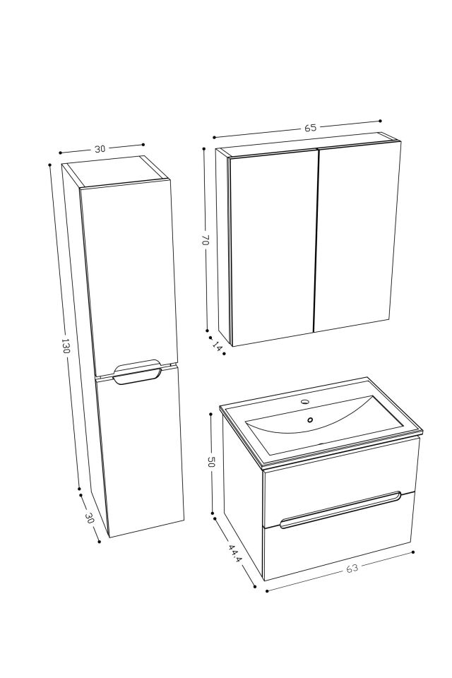 Teta Home Kopenhag 65 cm MDF Gövde Membran Kapak Banyo Dolabı Seti + Boy Dolabı Antrasit-Beyaz