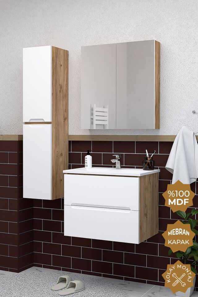 Teta Home Kopenhag 65 cm MDF Gövde Membran Kapak Banyo Dolabı Seti + Boy Dolabı Atlantik Çam- Beyaz