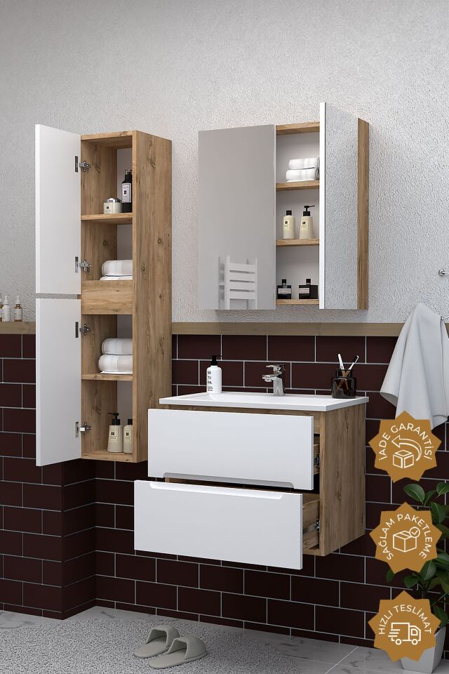 Teta Home Kopenhag 65 cm MDF Gövde Membran Kapak Banyo Dolabı Seti + Boy Dolabı Atlantik Çam- Beyaz