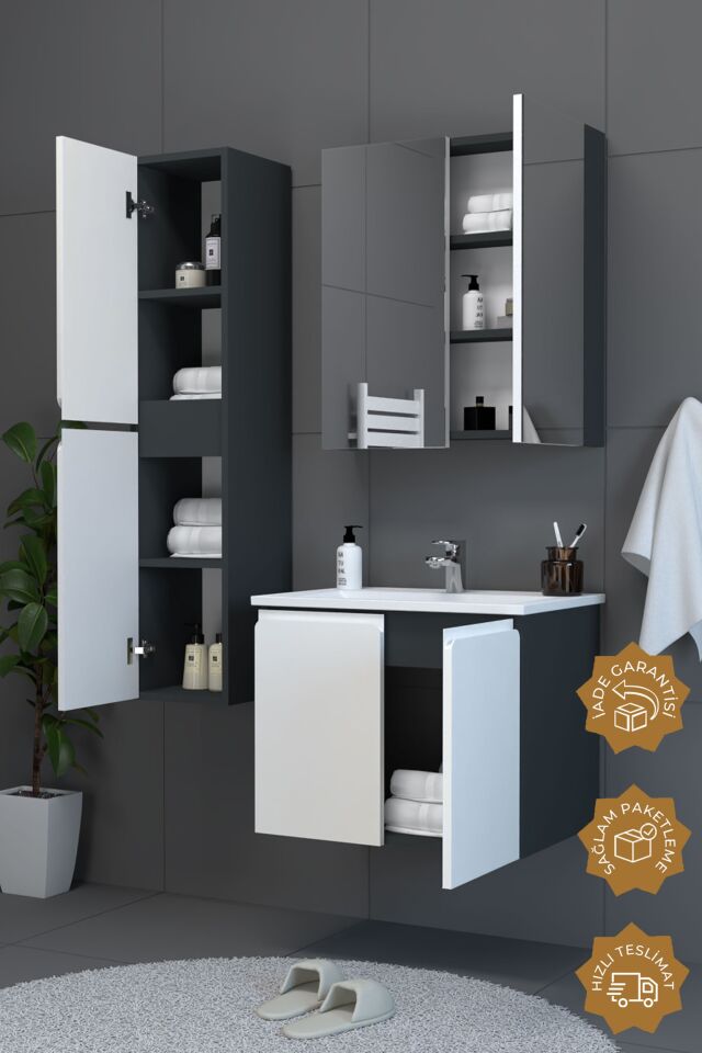 Teta Home Zürih 65 cm MDF Gövde Membran Kapak Banyo Dolabı Seti + Boy Dolabı Antrasit-Beyaz