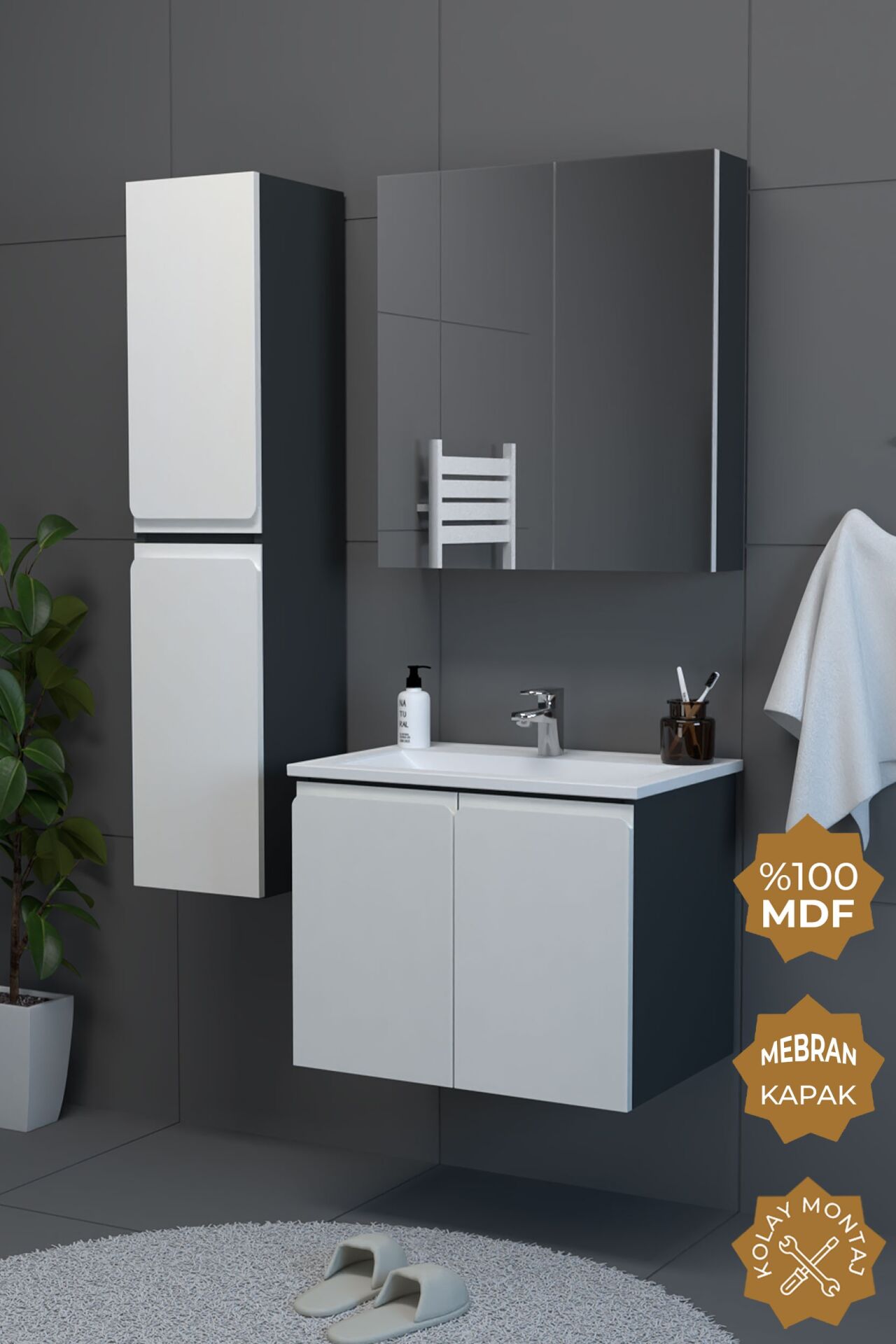 Teta Home Zürih 65 cm MDF Gövde Membran Kapak Banyo Dolabı Seti + Boy Dolabı Antrasit-Beyaz