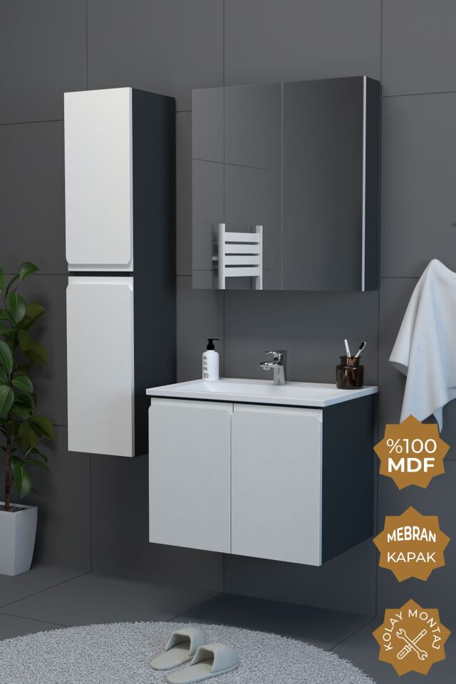 Teta Home Zürih 65 cm MDF Gövde Membran Kapak Banyo Dolabı Seti + Boy Dolabı Antrasit-Beyaz