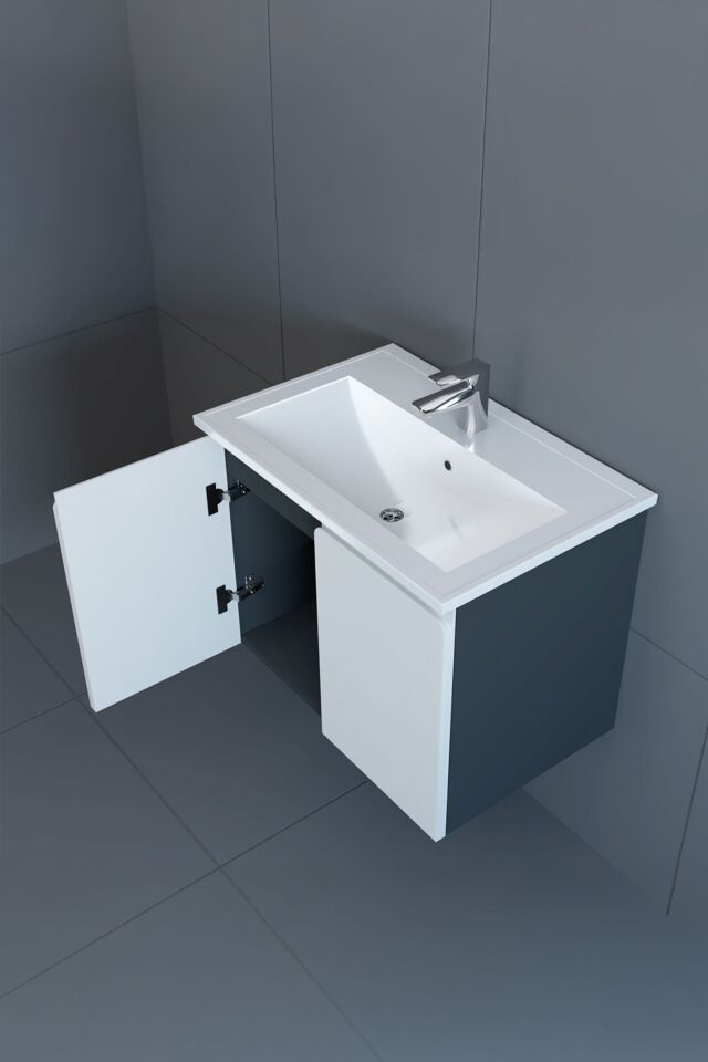 Teta Home Zürih 65 cm MDF Gövde Membran Kapak Banyo Dolabı Seti + Boy Dolabı Antrasit-Beyaz