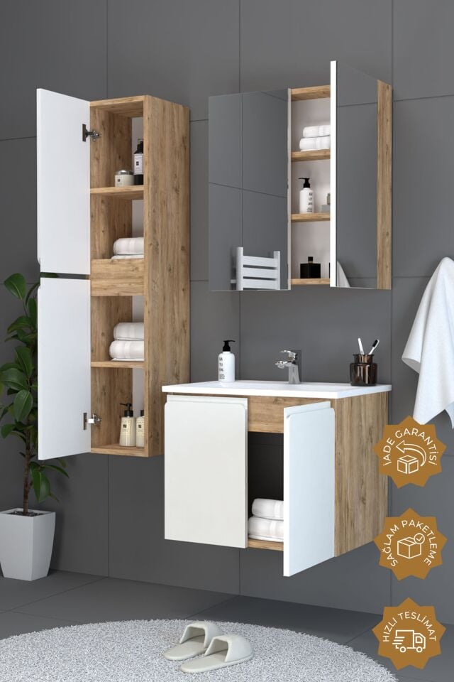 Teta Home Zürih 65 cm MDF Gövde Membran Kapak Banyo Dolabı Seti + Boy Dolabı Atlantik Çam-Beyaz