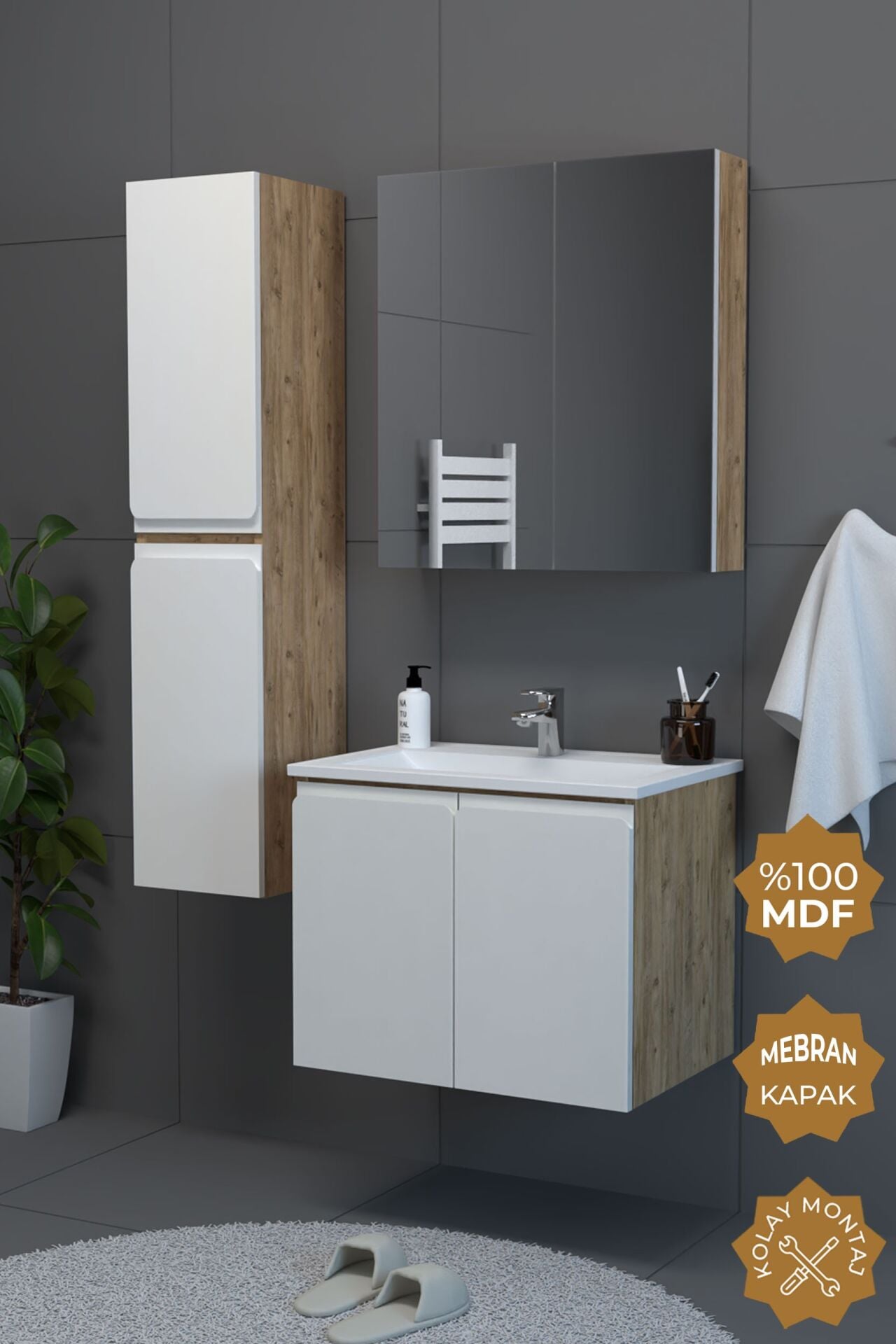 Teta Home Zürih 65 cm MDF Gövde Membran Kapak Banyo Dolabı Seti + Boy Dolabı Atlantik Çam-Beyaz