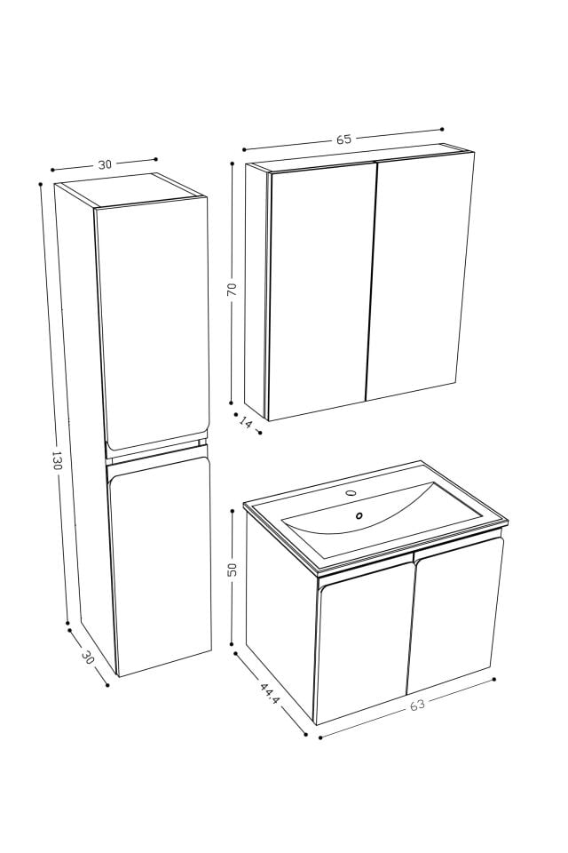 Teta Home Zürih 65 cm MDF Gövde Membran Kapak Banyo Dolabı Seti + Boy Dolabı Atlantik Çam-Beyaz