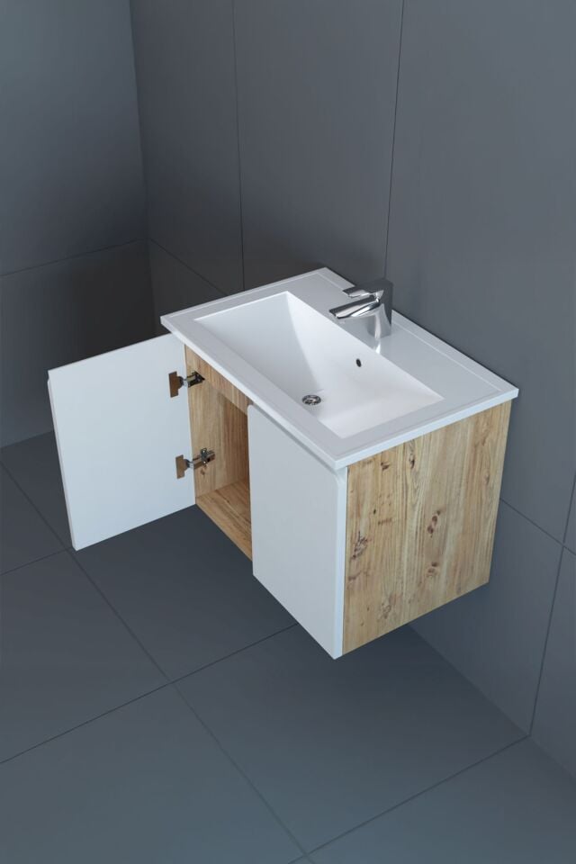 Teta Home Zürih 65 cm MDF Gövde Membran Kapak Banyo Dolabı Seti + Boy Dolabı Atlantik Çam-Beyaz