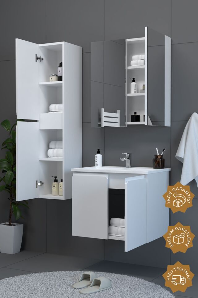 Teta Home Zürih 80 cm MDF Gövde Membran Kapak Banyo Dolabı Seti + Boy Dolabı Beyaz