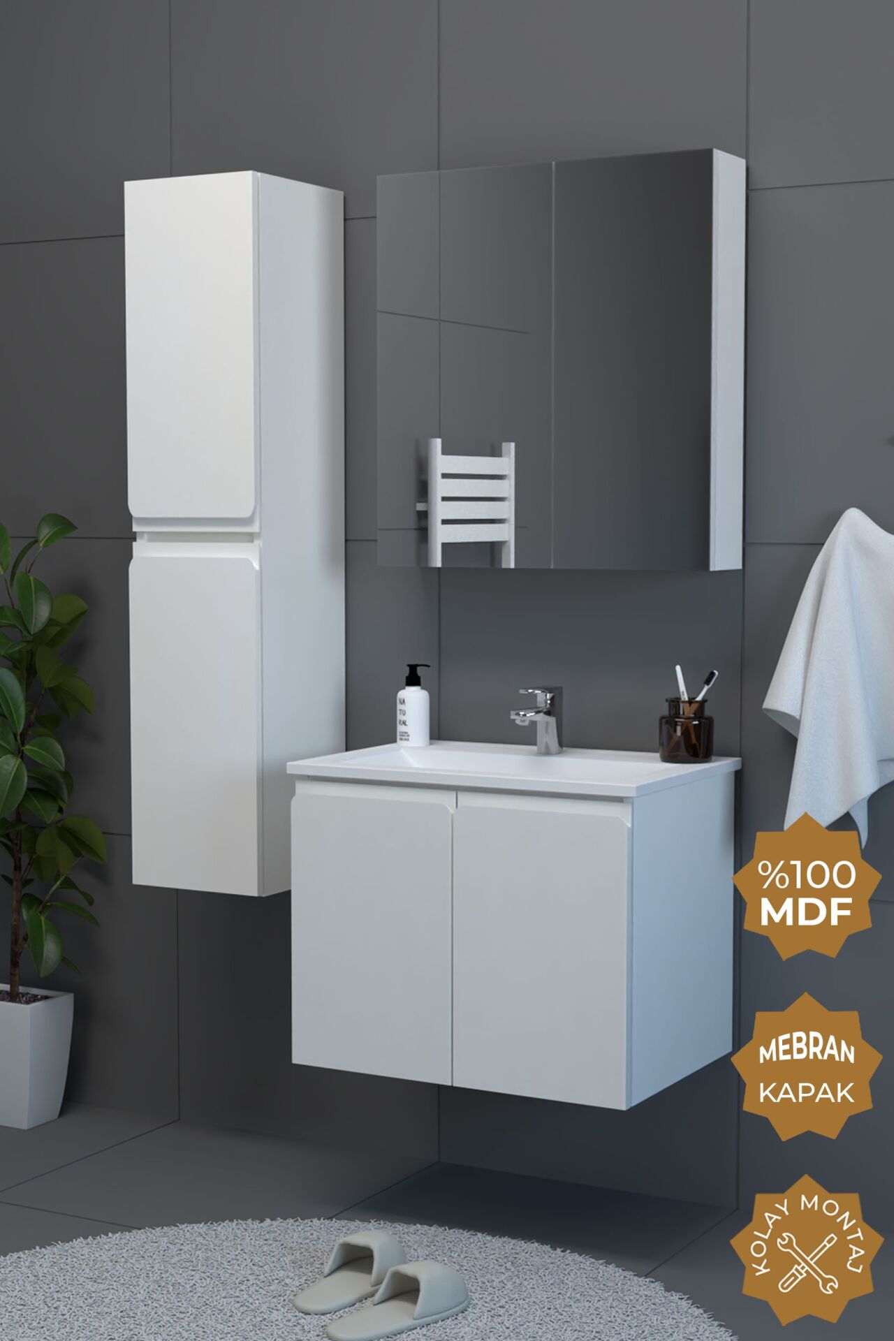 Teta Home Zürih 80 cm MDF Gövde Membran Kapak Banyo Dolabı Seti + Boy Dolabı Beyaz