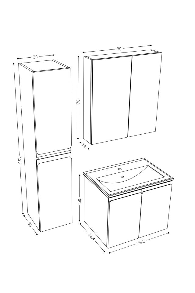 Teta Home Zürih 80 cm MDF Gövde Membran Kapak Banyo Dolabı Seti + Boy Dolabı Antrasit-Beyaz