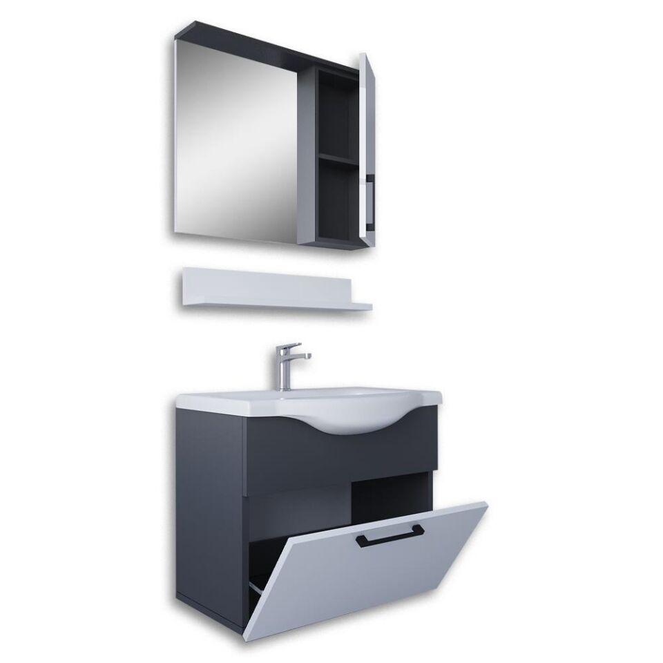 Teta Home Eko 65 cm MDF Banyo Dolabı Seti Antrasit-Beyaz