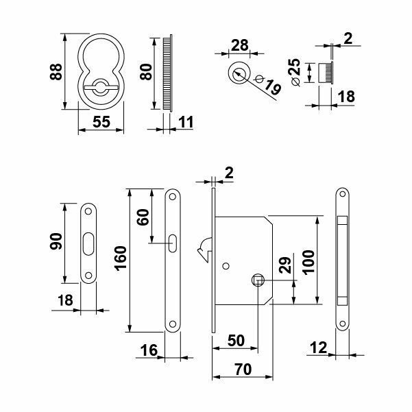 Hafele Otto Kayar Kapı Kilit Set Banyo Tipi (WC) Parlak Pirinç Renk