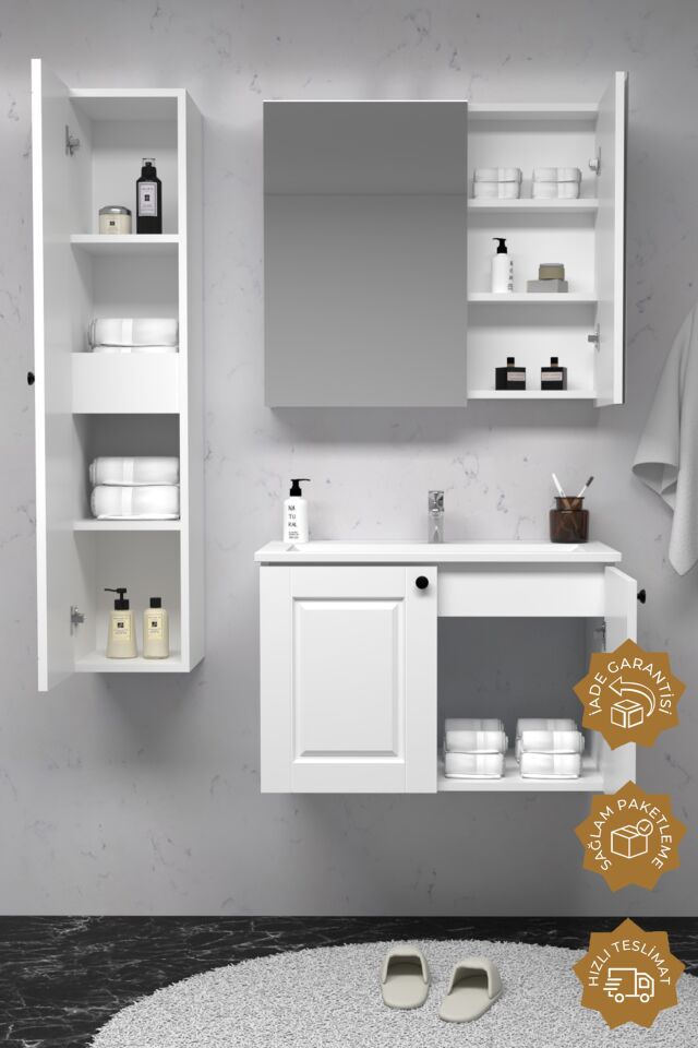 Teta Home Aldera 65 cm MDF Gövde Membran Kapak Banyo Dolabı Seti + Boy Dolabı Beyaz